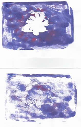 first and second monoprint, blue-purple paint with vague flower shape in center