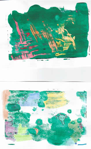 first and second monoprint, embellished, dominant color green