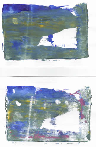monoprint, green, blue, yellow, wedge-shaped white void right of center