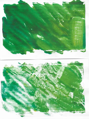 first and second monoprint, green with yellow, leaf shapes